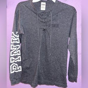 Victorias Secret Pink Logo Lace Up Long Sleeve Tee/XS/Dark Gray